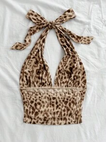 Soleia Women's Vacation Knitted Mesh Leopard Print Halter V-Neck Tie-Bow Ruched Romantic Tank Top, Suitable For Date, Valentine's Day, Sexy, Party, Beach, Cruise, Easter, Carnival, Afternoon Tea - Multicolor - View 2