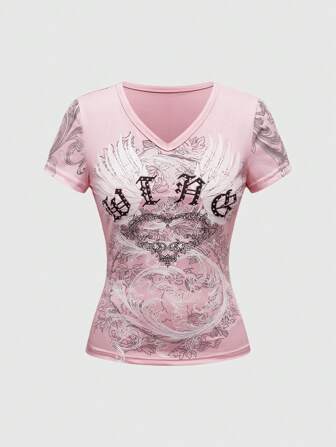 Fairycore Women's Casual V-Neck Long Sleeve Letter & Wing Print T-Shirt, Spring/Summer