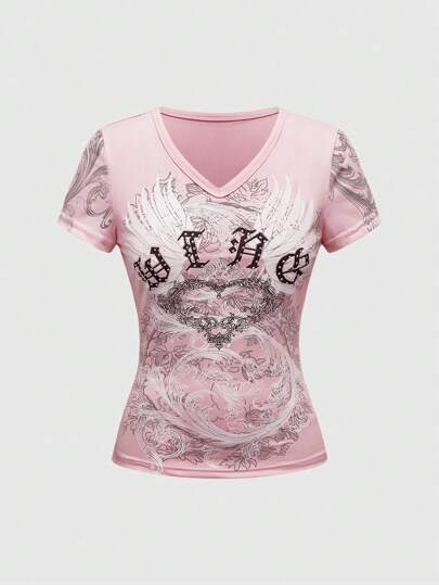 Fairycore Women's Casual V-Neck Long Sleeve Letter & Wing Print T-Shirt, Spring/Summer