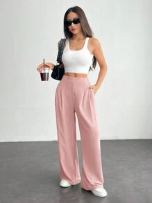 SHEIN PETITE Women's Solid Color Simple Daily Basic Pants - Dusty Pink - View 3