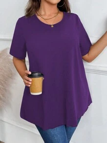 EMERY ROSE Plus Size Solid Color Round Neck Short Sleeve Casual Top - Purple - View 4
