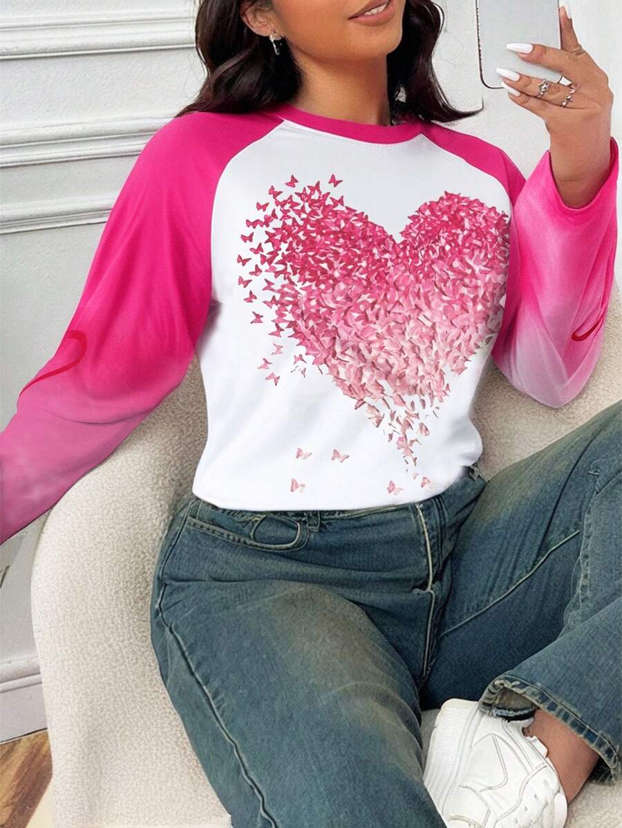 INAWLY Blusa holgada de manga larga con cuello en V, estampado de corazones en patchwork, para el Día de San Valentín, tallas grandes para mujer - Multicolor - Ver 1
