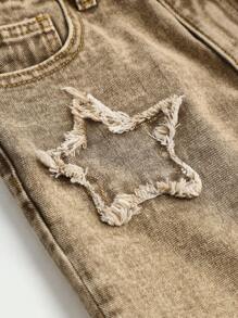 SHEIN Tween Girl Y2K 2pcs Fashion Leisure Leopard Print Simple & Comfy Tank Top & Frayed Hem Decor Washed Distressed Star Pattern Khaki Baggy Straight Leg Jeans, Girls Y2K Two Pieces Outfits - Khaki - View 4