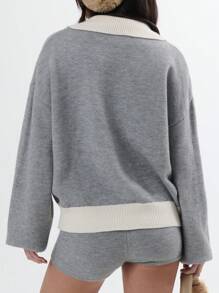 SHEIN Unity Winter Contrast Collar Fuzzy Long Sleeve Cardigan - Grey - View 2