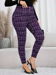 SHEIN Clasi Plus Size Front Button Heart Allover Print Casual Pants, Fashionable For Everyday Wear, For Daily Wear&Valentine's Day Date & Party Pants