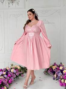 Sunnyshic Plus Size Women Scoop Neck Patchwork Waist Tie Long Sleeve Mid-Length Elegant Retro Cute Dress,Valentine