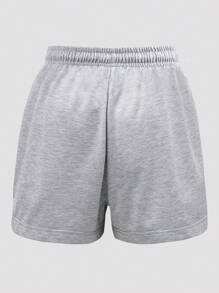 INAWLY Plus Size Women Cartoon & Slogan Print Drawstring Waist Shorts For Summer - Grey - View 2