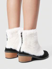 ROMWE Goth European & American Style White Fuzzy Boots, Side Zipper Pointed Toe Western Boots, Furry Boots, Ladies Ankle Boots And Short Boots
