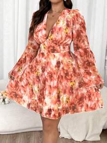 Flirla Plus Size Women Printed Chiffon Flare Sleeve Dress - Multicolor - View 5