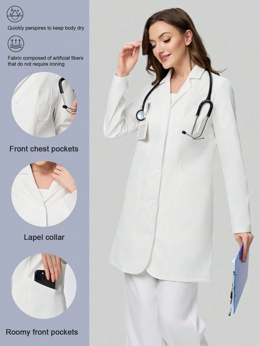 Scrubzie Anti-Wrinkle Women's Long Labcoat / White Coat With 4 Pockets - White - View 1