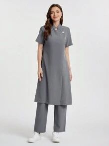 SHEIN TaskFit Bộ đồng phục phẫu thuật tay ngắn cổ đứng, phong cách tối giản màu trơn, trang phục thường ngày, áo đồng phục phẫu thuật cổ chữ V tay ngắn hai túi dành cho nữ và quần ống đứng cạp chun, quần áo phẫu thuật kiểm tra sức khỏe có thể mặc vào dịp Giáng sinh, quần áo chức năng dành cho phụ nữ có thể mặc vào dịp Giáng sinh, năm mới và ngày lễ tình nhân, quần áo mùa đông và mùa xuân dành cho phụ nữ - Xám - Xem 5