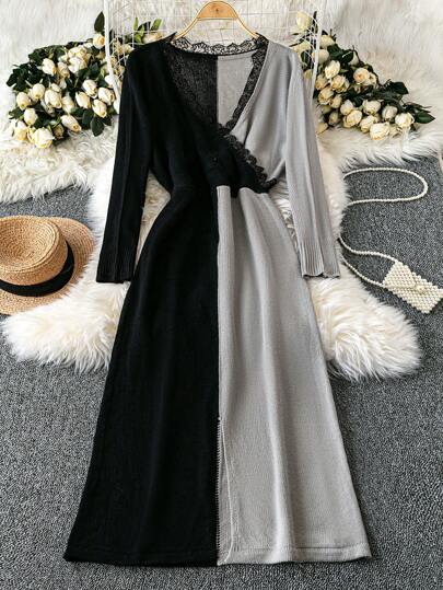 SHEIN Clasi 大码女式 V 领蕾丝开衩长袖宽松针织连衣裙，休闲时尚，秋冬