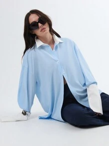 TypaGal Classy Oversized Boyrfriend Shirt With Contrast Collar & Cuff - Blue and White - View 3