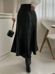 DAZY Women's PI Leather Splice Mermaid Split Mid-Length Skirt, Four Season Fall Skirts - Black - View 4