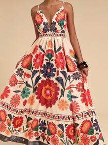 Travachic 女士花卉印花低胸细肩带连衣裙，性感海滩度假风格，度假沙滩裙 - 彩色 - 查看 1