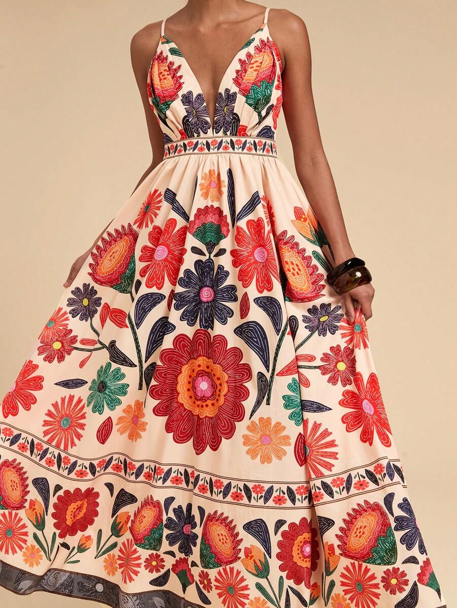 Travachic 女士花卉印花低胸细肩带连衣裙，性感海滩度假风格，度假沙滩裙 - 彩色 - 查看 1