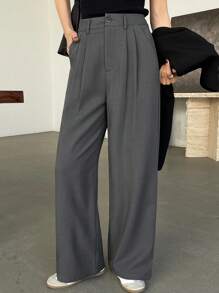 DAZY Women's Solid Color Front Button Pocket Casual Pleated Loose Suit Pants,Women Dress Pants
