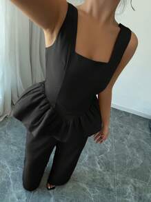 Chiquease Set de 2 piezas de camisa de tirantes con volantes y pantalón largo de color liso elegante - Negro - Ver 4
