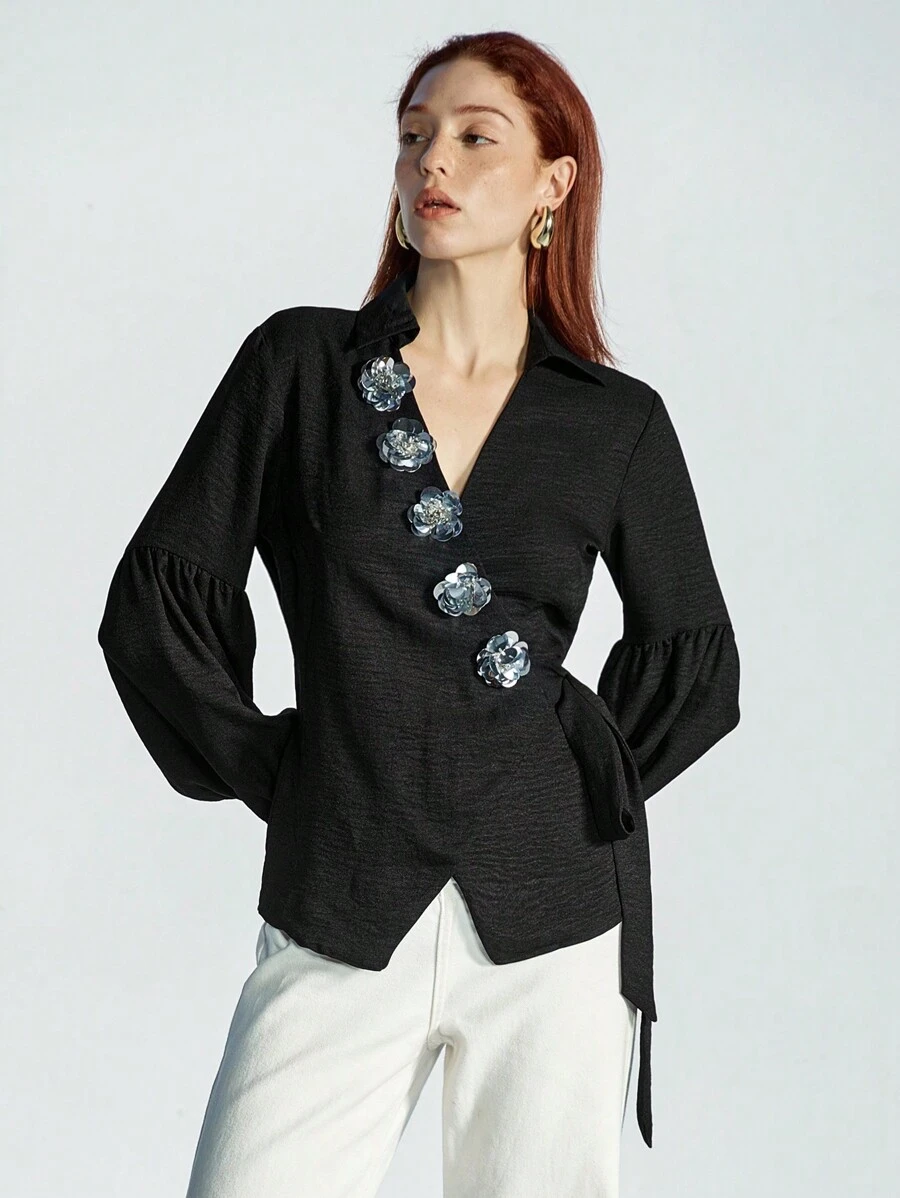 Aveloria Modichic Women's Sequin Flower Decorated Side Bow Lantern Sleeve Blouse, Suitable For Valentine's Day And Spring Fall Cloth For Women