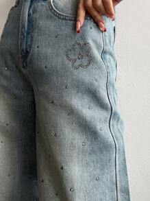 DAZY 女士时尚水洗水钻缀饰阔腿牛仔裤 - 中等水洗藍 - 查看 7