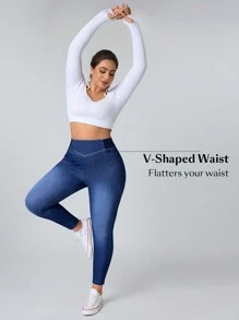 Flexra Plus Size Plain Color Block Casual Stretchy Knit Jeans Apple Bottom Jeans - Blue - View 4