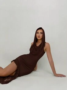 Aloruh Women's Solid Color Hooded Neckline Mesh Ruffle Hem High Slit Extra Long Gray Ruffle Sleeve Bodycon Brown Dress, Dystopian Style - Brown - View 5