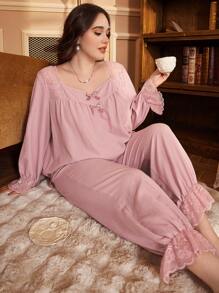 PalaceNights Conjunto de ropa de estar en casa de talla grande con encaje, parches, cuello con volantes, lazo decorativo y mangas acampanadas
