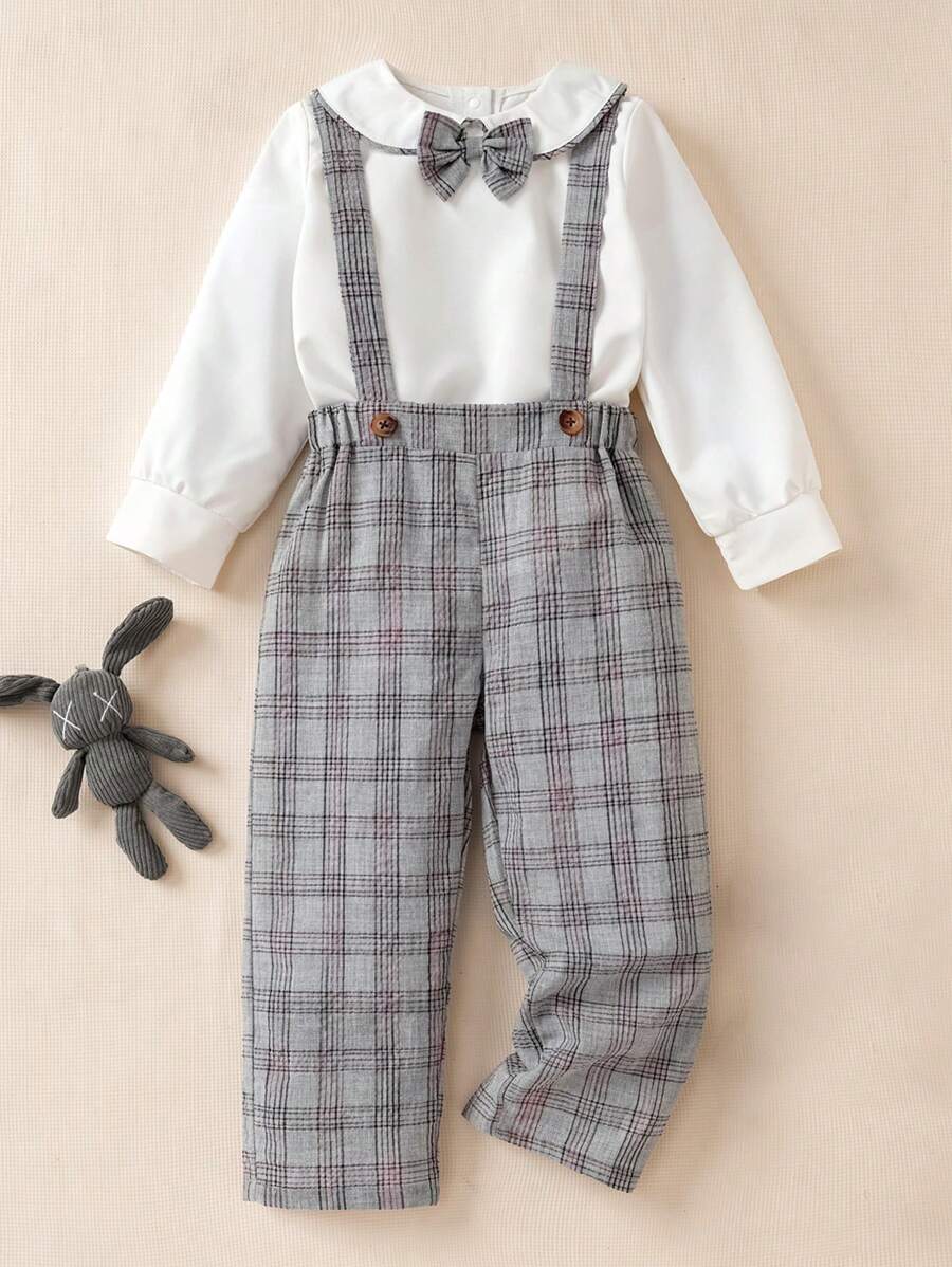 SHEIN Young Boy Long Sleeve Checkered Shirt & Adjustable Suspenders Pants Set,Gentleman Birthday Party Wedding,Traditional Summer Outfit,Bowknot Collar - Multicolor - View 1