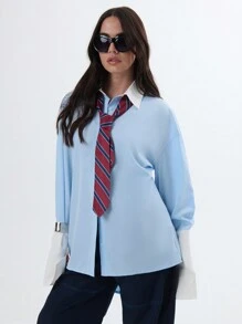 TypaGal Classy Oversized Boyrfriend Shirt With Contrast Collar & Cuff - Blue and White - View 4