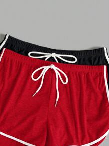 SHEIN EZwear 大码夏季情人节撞色饰边前系带休闲针织运动短裤 - 紅色 - 查看 4