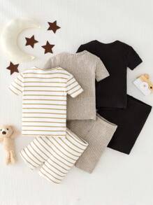 SHEIN Leap Crew 6 Pieces Baby Boys Simple Striped Pattern Round Neck Short Sleeve Shirt And Shorts Soft Comfy Pajamas Set - Multicolor - View 2