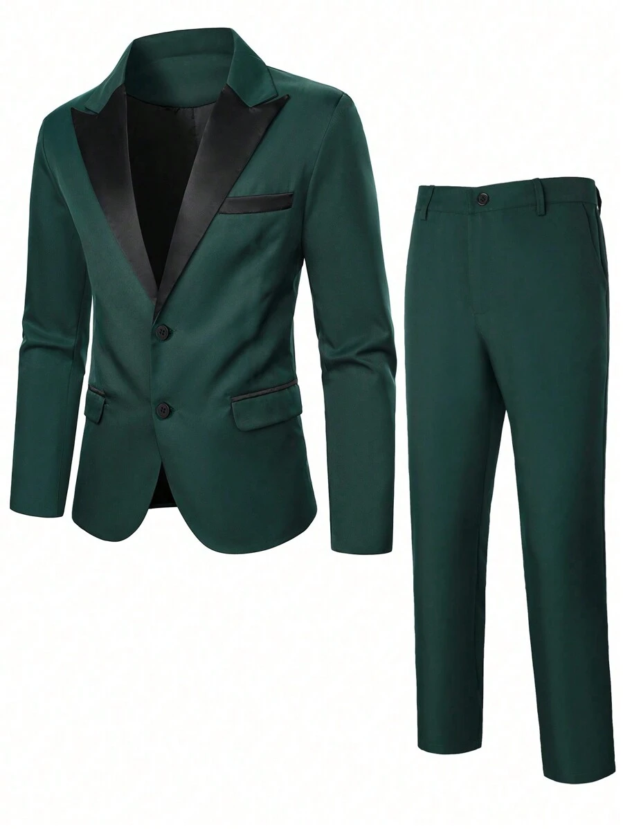SHEIN Leap Crew 2pcs Tween Boy Casual Two-Tone Collar Suit Jacket And Pants Set - Dark Green - View 1