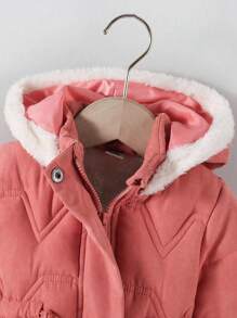 SHEIN 2pcs Baby Girl Casual Cute Warm Hooded Long Padded Coat With Gloves, Fall Winter Outerwear - Hot Pink - View 6