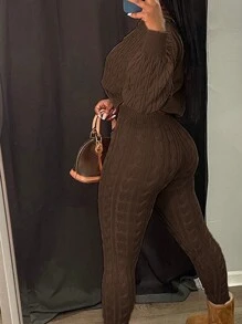 INAWLY 2pcs Women V-Neck Long Sleeve Zip-Up Sweater & Long Pants Set