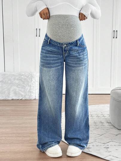 SHEIN Maternity Knitted Waist Support Retro Blue Denim Loose Straight Leg Pants Maternity Jeans