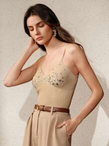 Anewsta 合身手工水钻肩带优雅性感针织吊带背心，适合情人节、夏季海滩度假、新年 - 卡其色 - 查看 5