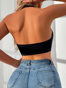 1pc Women's Mesh Contrast Halter Casual Camisole, For Everyday Wear - Black - View 2