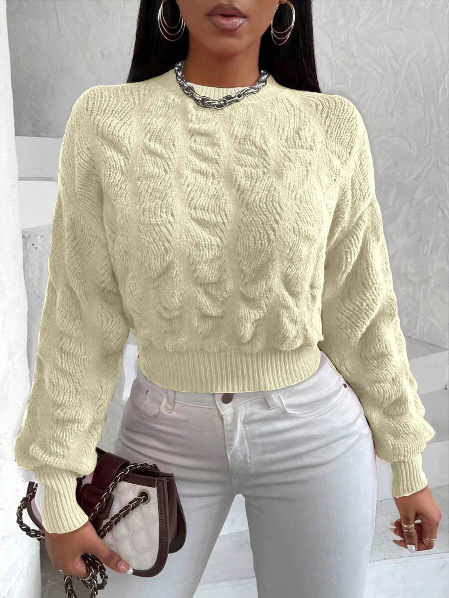 Zolique Women's Solid Color Crew Neck Long Sleeve Casual Pullover Sweater Knit Pullover Fall Winter Sweater - Apricot - View 1