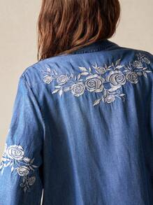 Bohemela BOHO 牛仔女式休闲纯色牛仔水洗刺绣翻领宽松长袖衬衫