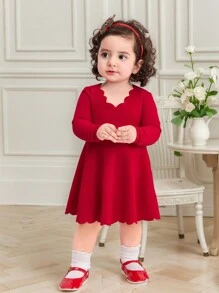 SHEIN Baby Girl Elegant Solid Color Ruffle Hem Long Sleeve Dress, Autumn, For Christmas - Red - View 7