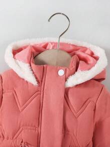 SHEIN 2pcs Baby Girl Casual Cute Warm Hooded Long Padded Coat With Gloves, Fall Winter Outerwear - Hot Pink - View 5