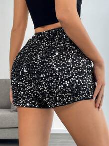 SHEIN EZwear Quần short dệt kim sequin đen và bạc, quần short thường ngày phong cách tối giản phù hợp cho tiệc tùng và mặc hàng ngày - Bạc - Xem 2