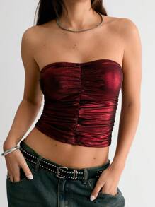 Flirla Women's Sexy Party Halter Top In Crimson Red Shiny Ruched Fabric - Burgundy - View 1