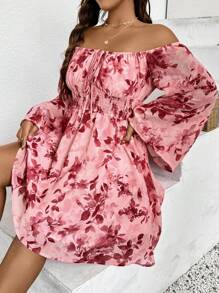 SHEIN VCAY Plus Size Pink Off-Shoulder Printed Dress For Women,Bell Sleeve Boho Autumn Holiday Vacation Spring Clothes, Date Night Valentine's Day Outfit - Multicolor - View 6