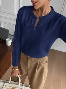 SHEIN Frenchy 女士纯色 3D 花卉针织毛衣，秋冬季休闲款 - 藏蓝色 - 查看 3