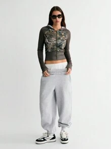 SHEIN Unity 女士街头风树叶图案拼接拉链连帽短款卫衣（随机裁剪）秋季款 - 彩色 - 查看 3