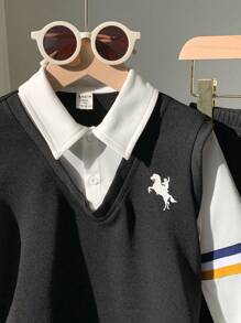 2 pièces Vêtements pour jeunes garçons et jeunes garçons. Décontracté, confortable, épais et chaud. Avec ruban et petit motif décoratif. Ensemble 2 en 1 de polo à capuche et pantalon, en noir et blanc. Convient pour aller à l'école, pour une utilisation quotidienne et décontractée, pour les fêtes d'anniversaire, les cérémonies d'ouverture. Adapté pour l'école, les voyages, les sports, l'automne et l'hiver. - bleu indigo - Voir 5