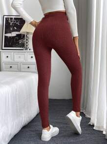 Easowa Quần legging nữ cạp cao, chất liệu nỉ gân, kiểu dáng thường ngày, phù hợp bốn mùa. - Màu Đỏ Sâu - Xem 2