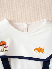 Souflis Souflis 2pcs Young Boy Stylish Long Sleeve Striped Cartoon Graphic Top And Bib Pants Set, Autumn/Winter