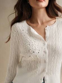 Anewsta Ladies' Grey Cable Crystal Embellished Knitted Cardigan